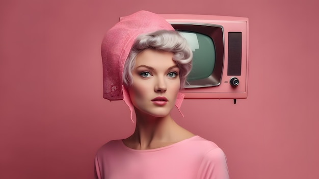 A woman in a pink dress stands in front of a vintage television