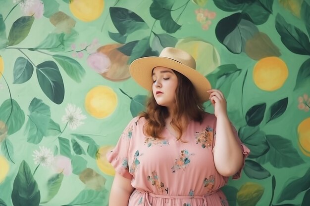 A woman in a pink dress stands in front of a wall with fruit on it.