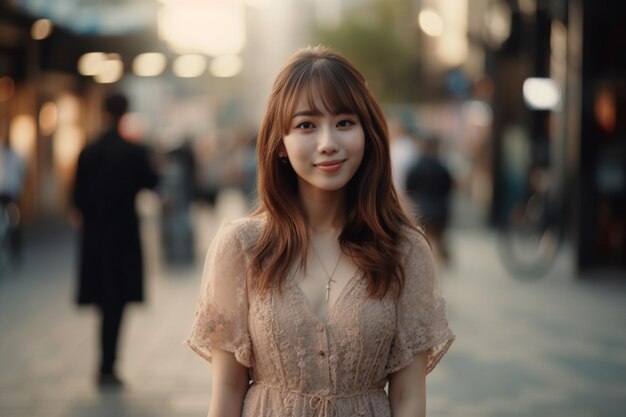 A woman in a pink dress stands on a street.