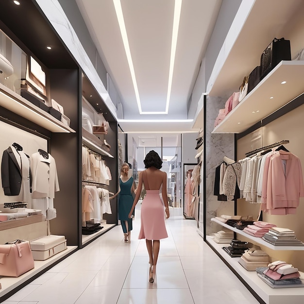 a woman in a pink dress walks in a store with a woman in a pink dress