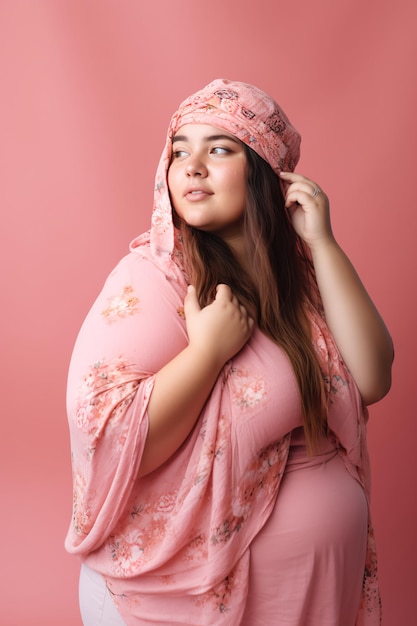 A woman in a pink dress with a floral pattern on her head and a pink scarf.