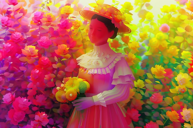 Photo a woman in a pink dress with flowers in the background