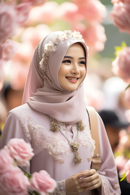 a woman in a pink dress with flowers