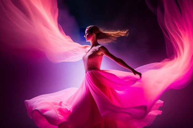 A woman in a pink dress with a flowing fabric flying through the air.