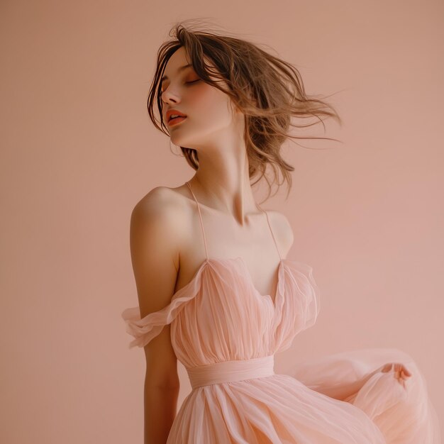 Photo a woman in a pink dress with her hair blowing in the wind