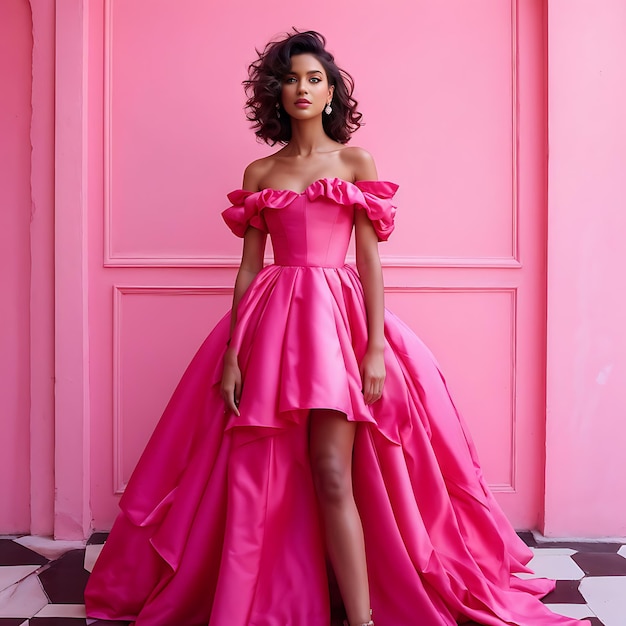 Photo a woman in a pink dress with a pink dress on the bottom