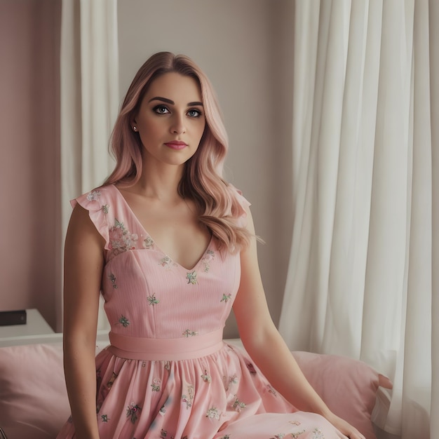 A woman in a pink dress with stars on the front sits on a bed.