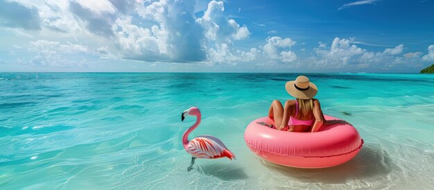 Photo a woman in a pink float is floating in the ocean