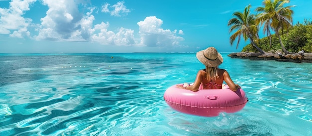 Photo a woman in a pink float is floating in the ocean