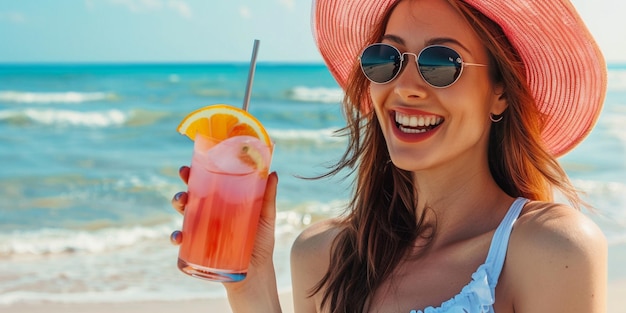 woman in a pink hat holding a drink on the beach generative ai