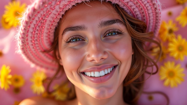 Photo a woman in a pink hat smiles at the camera