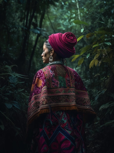 A woman in a pink hat stands in a forest with the words'the word love'on the front.