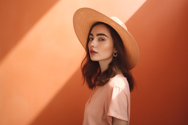 A woman in a pink hat stands in front of a orange wall.