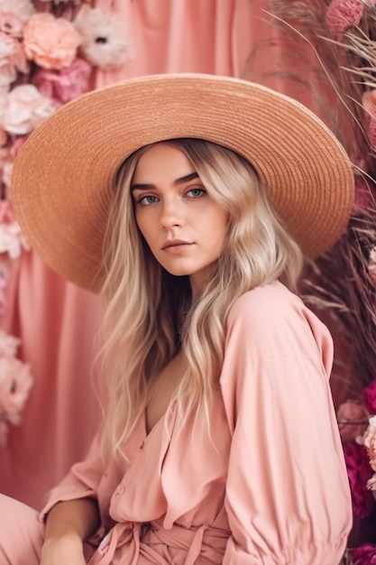 A woman in a pink hat stands in front of a pink background