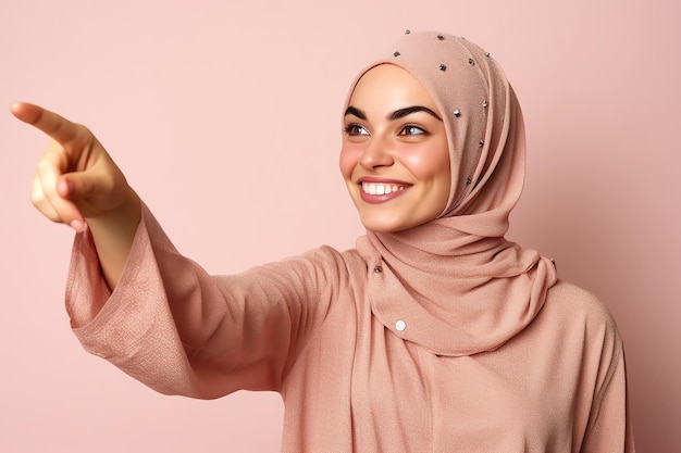 A woman in a pink hijab points to the sky