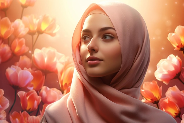 A woman in a pink hijab with a background of red flowers.