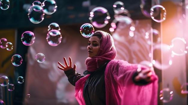 A woman in a pink hijab with bubbles in the background