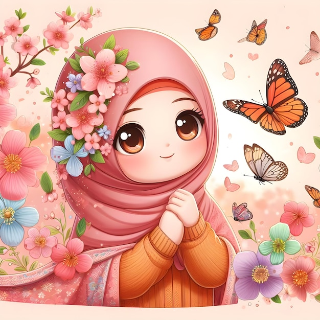 a woman in a pink hijab with butterflies on her head