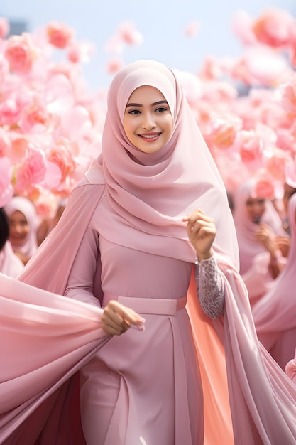 a woman in a pink hijab with pink flowers on her head.