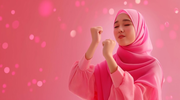 a woman in a pink hijab with the word on the background