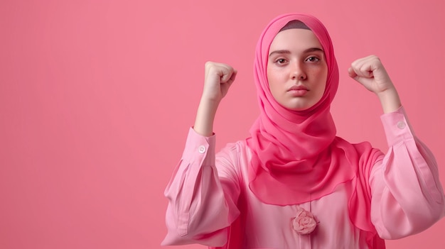 a woman in a pink hijab with the word on the background