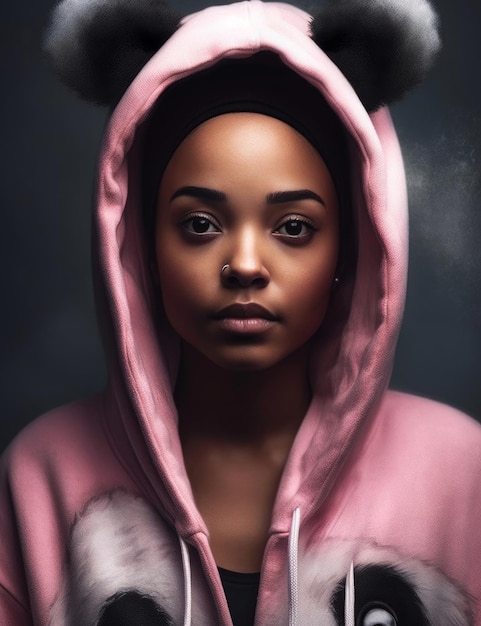 A woman in a pink hoodie with a bunny ears on her head