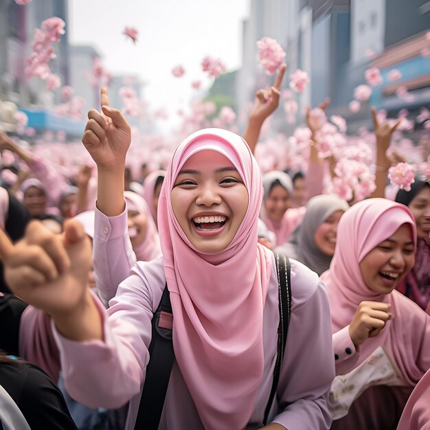 a woman in pink is waving with her hands in the air.