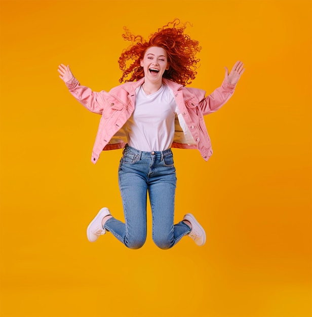 Photo a woman in a pink jacket is jumping in the air with her arms up in the air