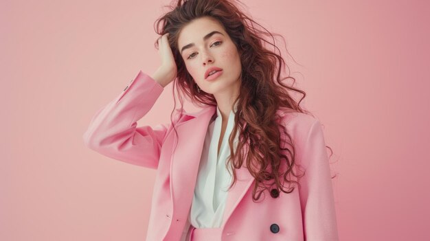 a woman in a pink jacket on pink background