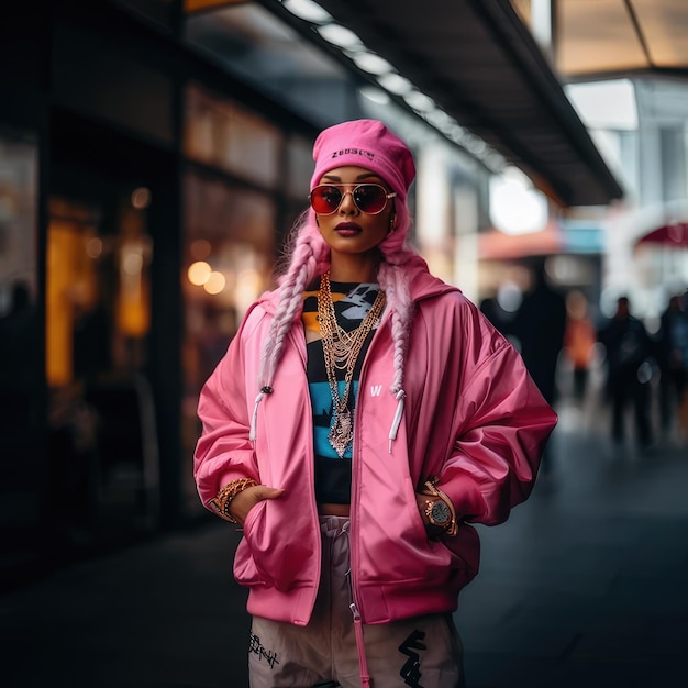 Photo a woman in a pink jacket and pink hat is walking down a street