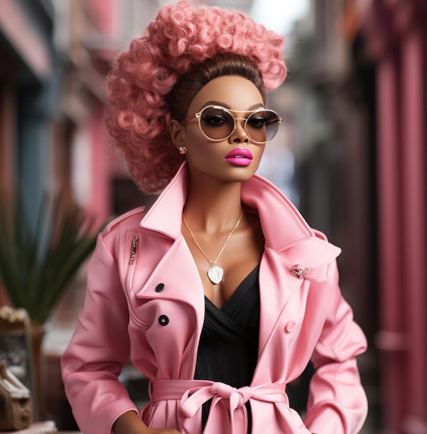 A woman in a pink jacket and a pink jacket with a black top and a black dress on the front