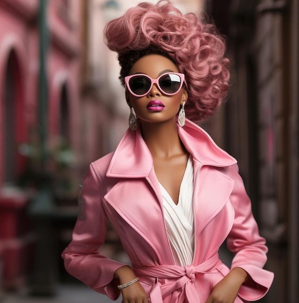 A woman in a pink jacket and sunglasses is walking down a street