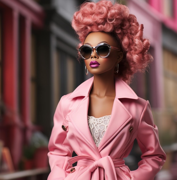 A woman in a pink jacket and sunglasses stands in front of a building