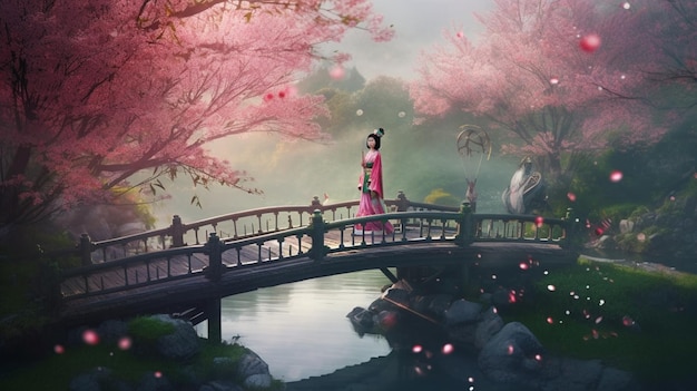 A woman in a pink kimono walks across a bridge with pink flowers on it.