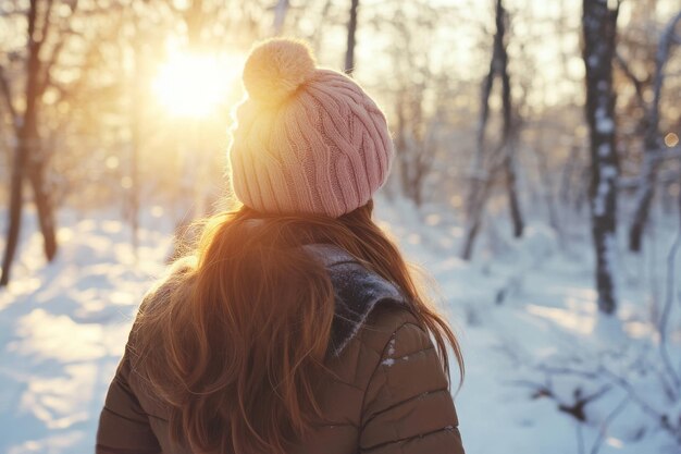 Woman in Pink Knit Hat Enjoying the Snowy Winter Forest at Sunrise