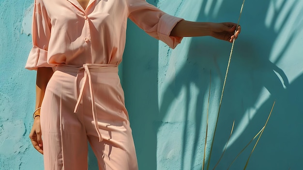 Photo woman in pink outfit against a blue wall