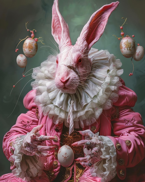 a woman in a pink outfit holding a bunny rabbit in front of eggs