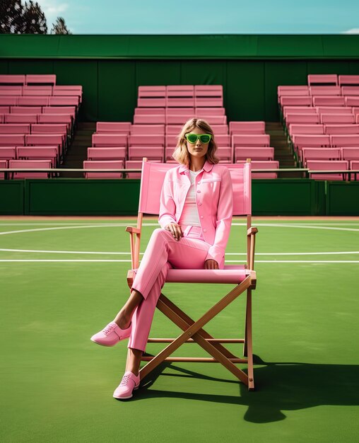 Photo a woman in a pink outfit sits in a chair on a tennis court