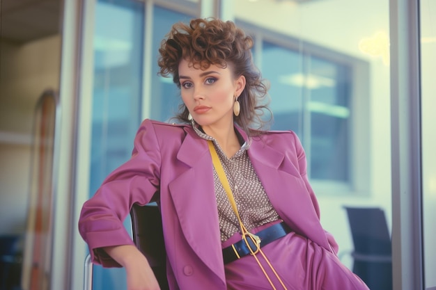 Photo woman in a pink power suit poses in a modern office 80s