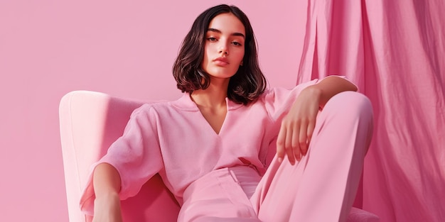 a woman in a pink robe sits on a couch in a room with a pink wall