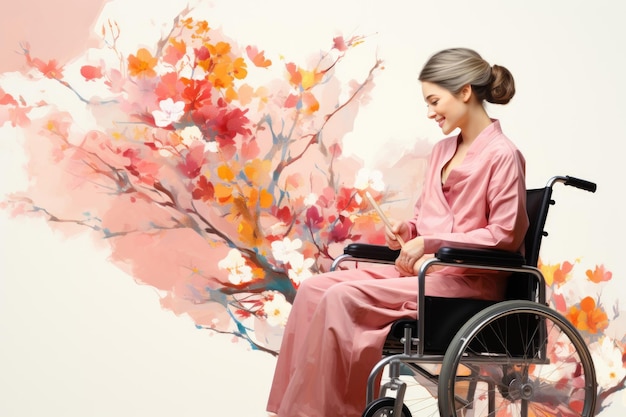 A woman in a pink robe sitting in a wheel chair positivity and inclusivity of disable people