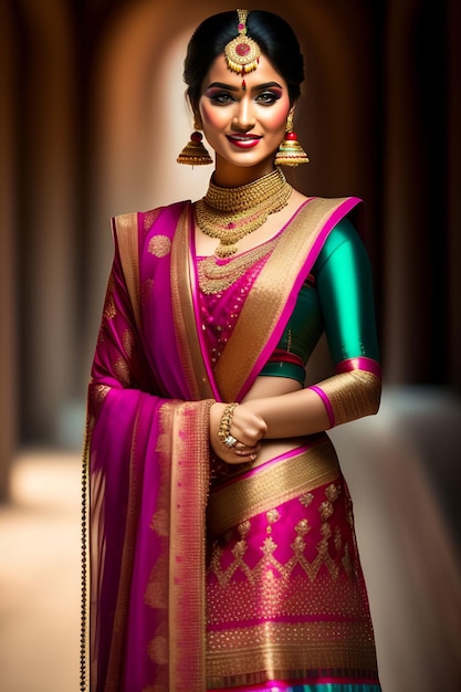 A woman in a pink saree with the word love on the front