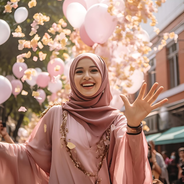 a woman in a pink sari with balloons in the background.