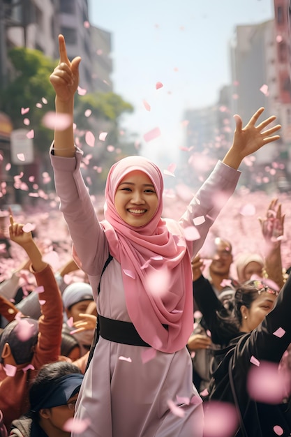 a woman in a pink scarf is celebrating with others.