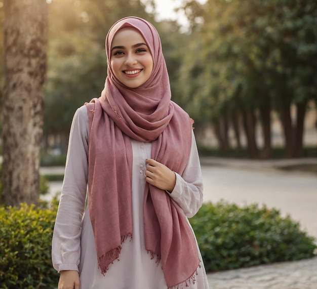 a woman in a pink scarf stands in front of a tree