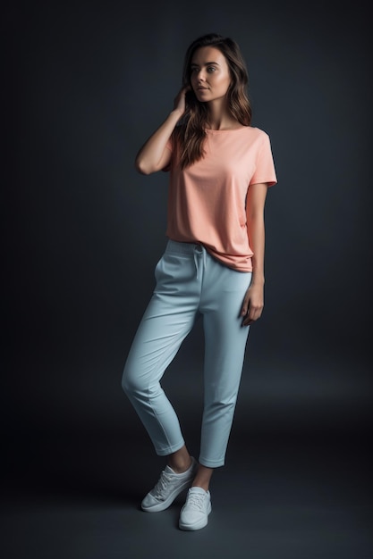 A woman in a pink shirt and blue pants stands in a dark room.