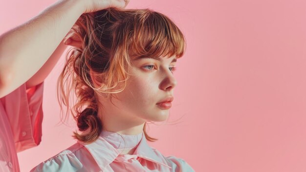 Woman in a pink shirt combing her hair suitable for beauty and lifestyle concepts