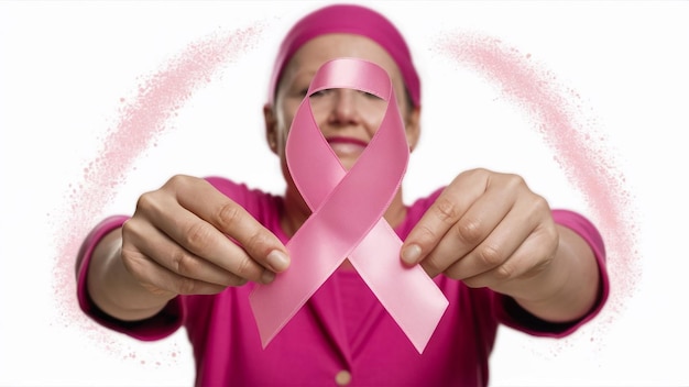 a woman in a pink shirt holds a pink ribbon with a pink ribbon around her neck