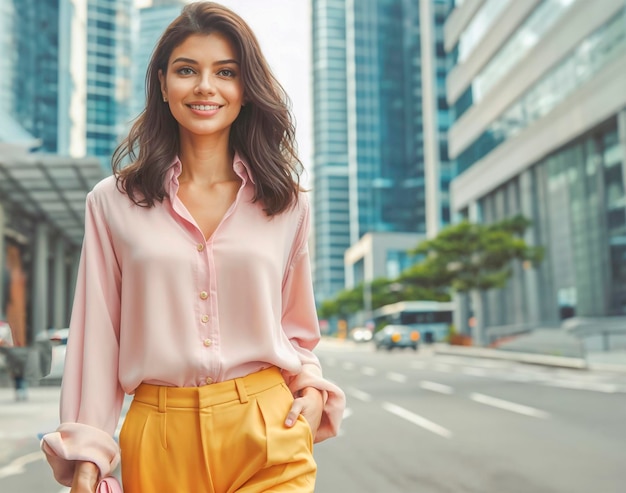 a woman in a pink shirt is walking down the street