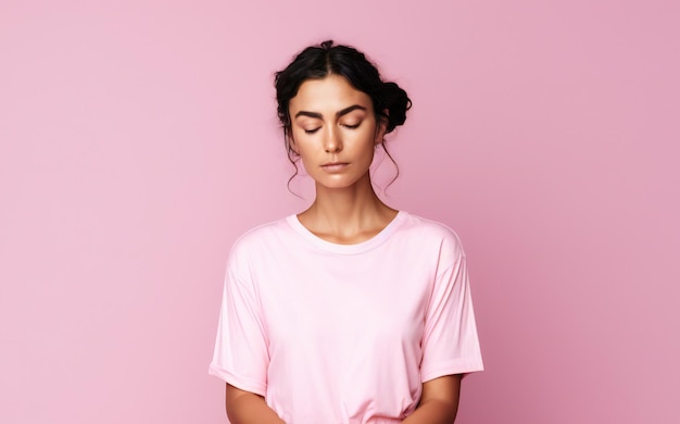 A woman in a pink shirt with her eyes closed and her eyes closed